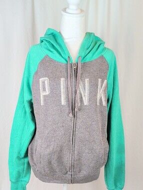 PINK Victoria's Secret Gray Green Colorblock Zip Up Hoodie Size S